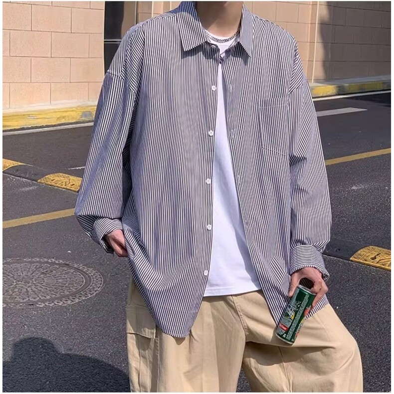 日系小清新条纹长袖衬衫男女款港味ins潮流宽松情侣竖条长袖衬衫,男装衬衫,星座506A