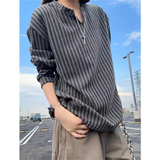 美式高街千鸟格子长袖T恤男女亨利V领英伦雅痞休闲宽松长袖打底衫，男装T恤，电商A443