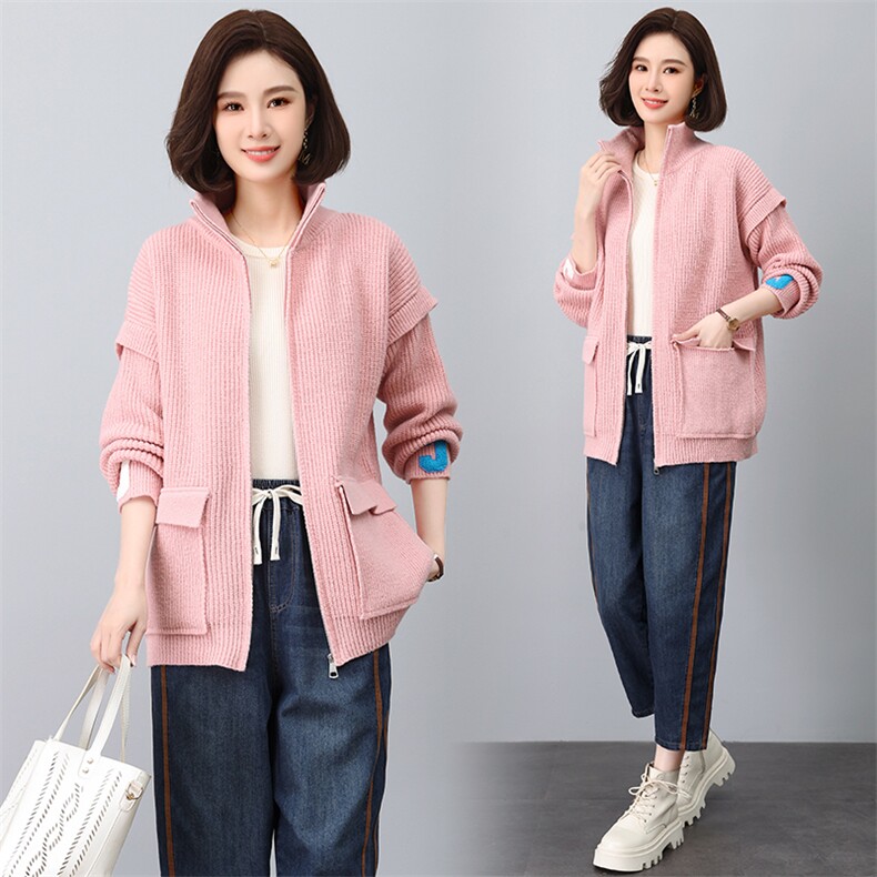 简约大气时髦毛衣外套女2023秋冬新品宽松拉链立领百搭开衫，女装大码女装，奕阳依阁