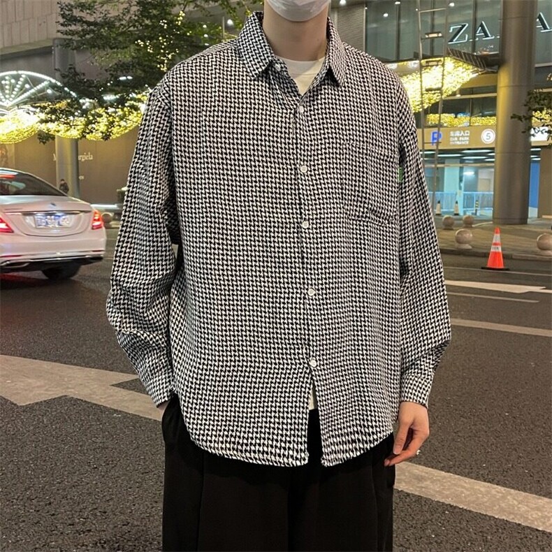 男士春秋季港风高街复古千鸟格上衣宽松大码百搭衬衣外套2227/P36,男装衬衫,星座506
