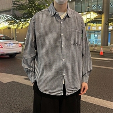 男士春秋季港风高街复古千鸟格上衣宽松大码百搭衬衣外套2227/P36，男装衬衫，星座506