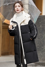 时尚拼色羽绒棉服女中长款冬季2024新款宽松休闲加厚棉衣棉袄外套，女装棉衣/棉服，雅佳俏