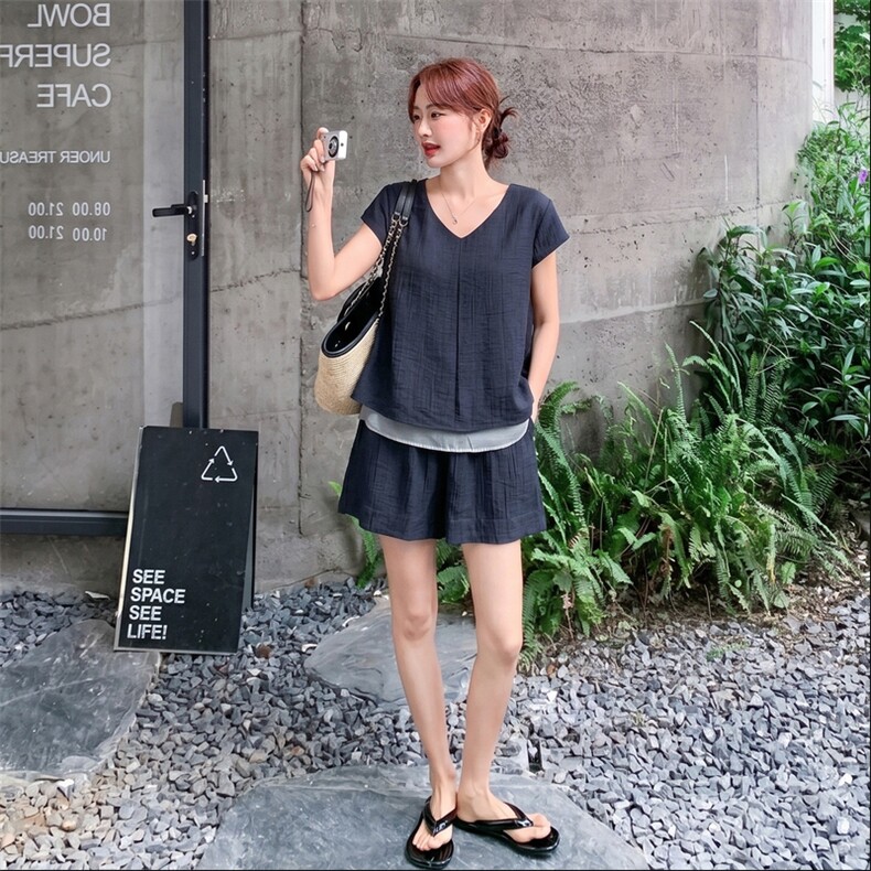 时尚潮流休闲运动纯色两件套2026年夏季轻薄撞色宽松型,女装套装/套裙,秀美人生