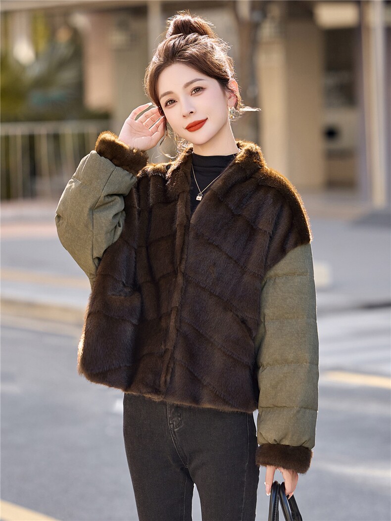 现货.时尚流行欧款拼水貂毛羽绒服,女装羽绒服,布芭啦