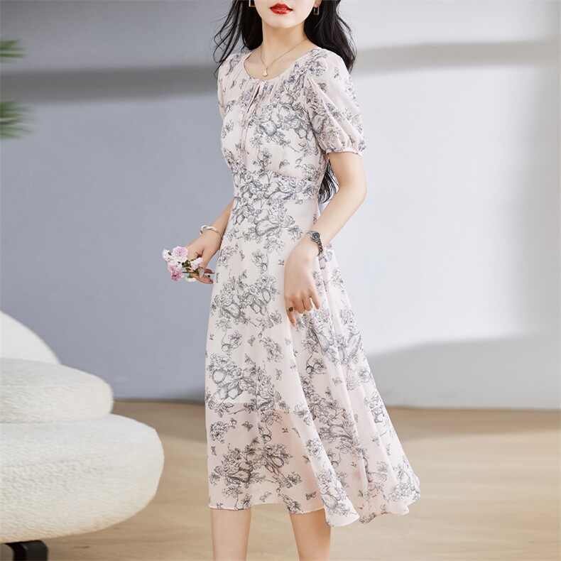 国风水墨印花连衣裙女2024夏季新款法式气质修身显瘦温柔绝美裙子,女装连衣裙,姿衣坊