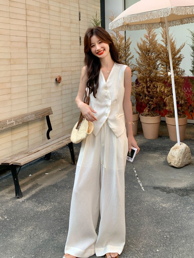 老钱风白色西装马甲阔腿裤套装女夏流行两件套巨好看大方得体ootd,女装套装/套裙,莘蕾