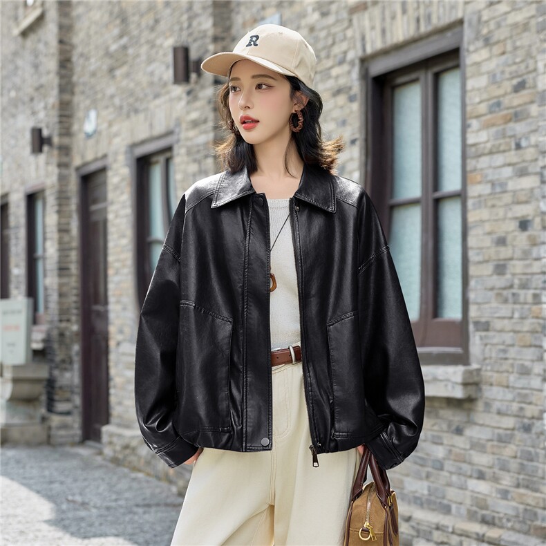 时尚翻领宽松pu皮衣外套女2025秋新款显瘦百搭休闲超好看夹克上衣,女装皮衣,英标秀（1C119）