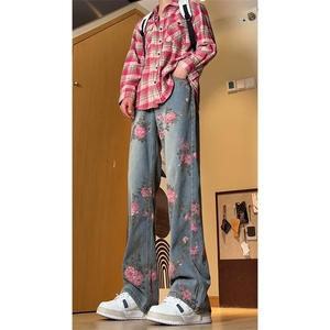 B221 美式ins高街小众桃花宽松直筒牛仔裤 LK24385-特P52控88图片