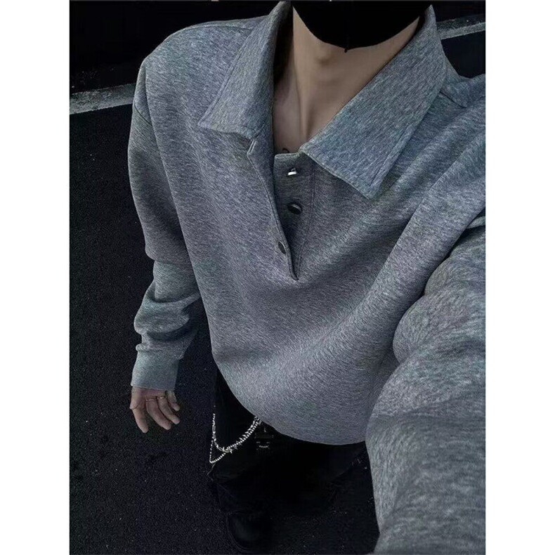 日系复古简约POLO翻领卫衣男女潮牌boxy基础百搭宽松休闲长袖上衣图片