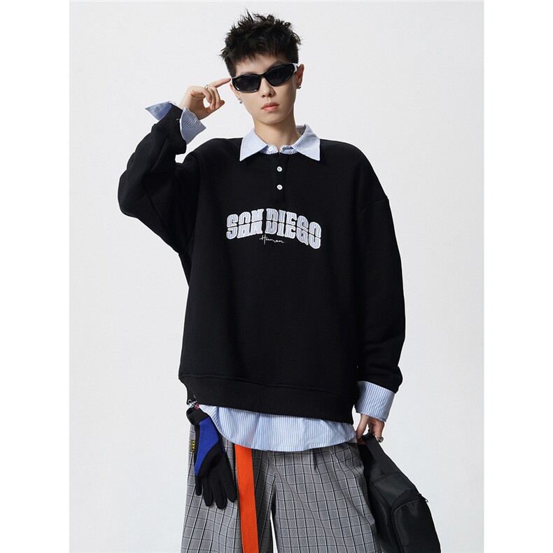 HW2545特P55控98面布54棉46聚酯假两件POLO情侣卫衣宽松外套男图片