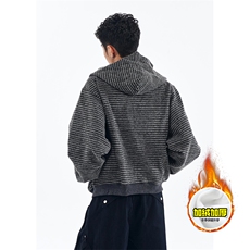 480G重磅加绒硬挺boxy男女秋冬美式高街条纹毛呢卫衣开衫厚外套，女装短外套，电商A486-1