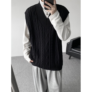 韩系叠穿复古麻花针织衫马甲男学院风早秋穿搭上衣服背心9097P58图片