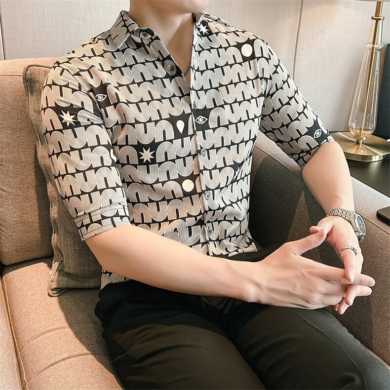 821-P50男士短袖衬衫潮流时尚冰丝免烫痞帅印花高级感垂感衬衣,男装T恤,星座507A（原星座306B-2）