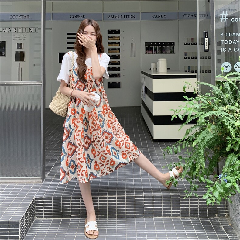 多巴胺印花假两件拼接连衣裙女2025夏季新款设计感甜美减龄A字裙,女装连衣裙,2C206