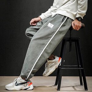 2021春季新日系马切达大码男条纹桃皮绒束脚九分裤休闲裤K581-P35图片
