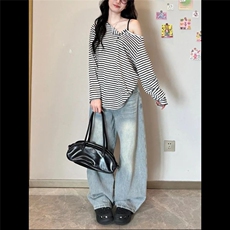 美式复古宽松做旧水洗刺绣牛仔裤女秋季新款小众休闲直筒弯刀裤潮，男装牛仔裤，星座506A