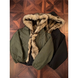 JY513-P115 大毛领帽宽松夹棉加厚棉服毛毛拼接纽扣棉衣夹棉保暖图片