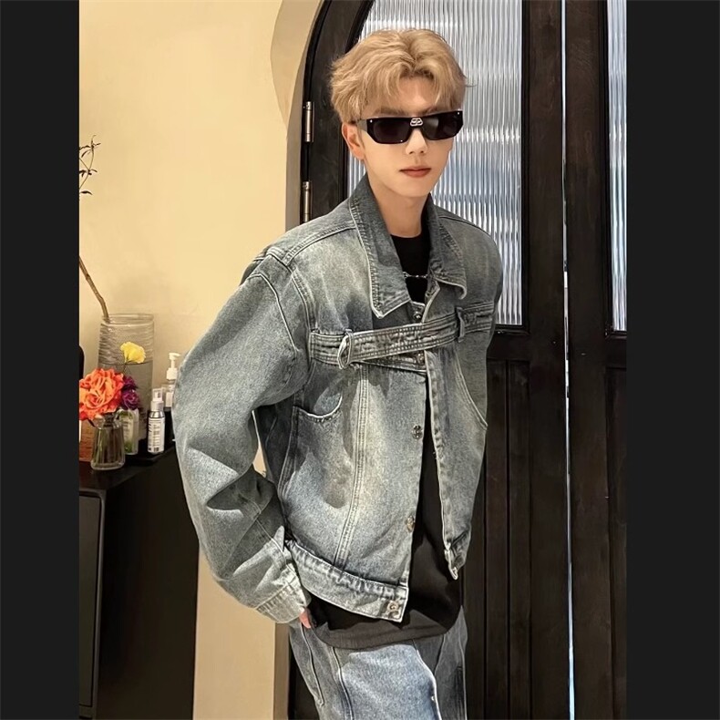 小众设计感复古水洗短款垫肩牛仔外套男金属卡扣拼接夹克JKX619,男装工装外套,星座516A
