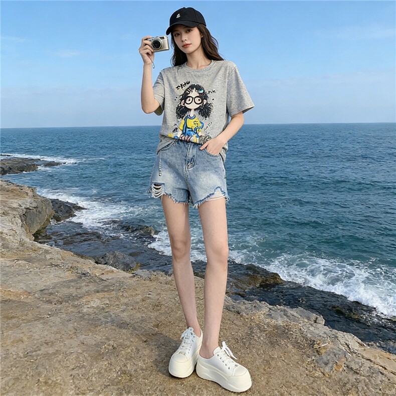 潮流休闲时尚运动套装女夏季新款圆领印花刺绣上衣牛仔短裤两件套,女装套装/套裙,江南