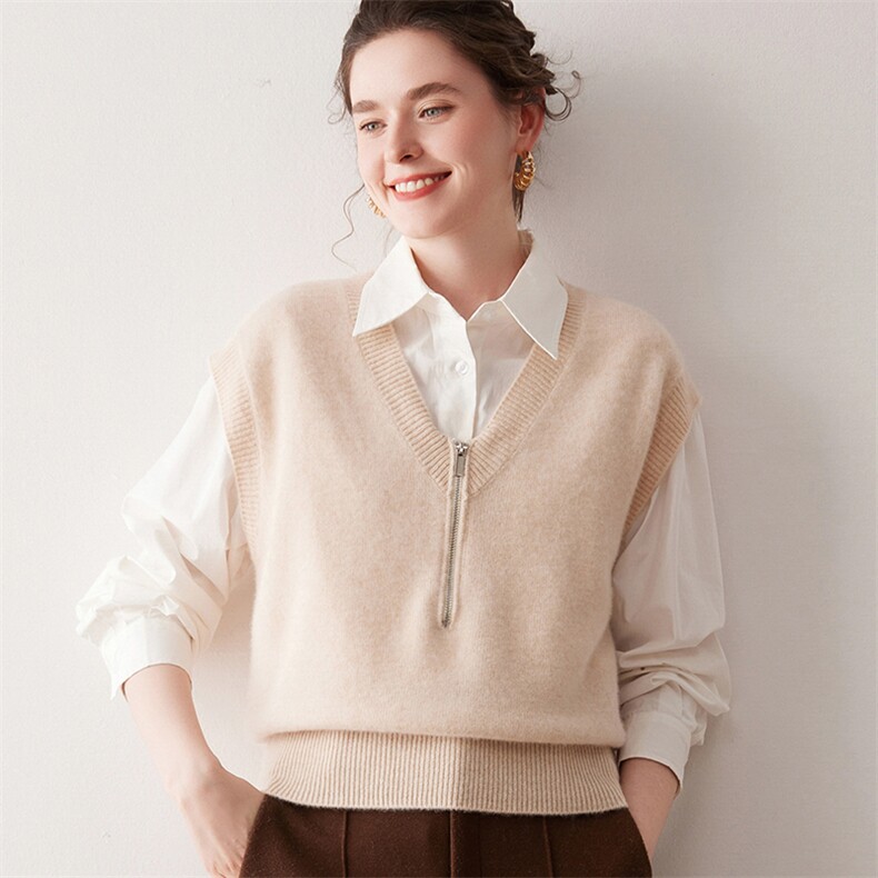 2025年秋季新款百搭女士七针V领拉链马甲，女装羊绒衫，尚达羊绒