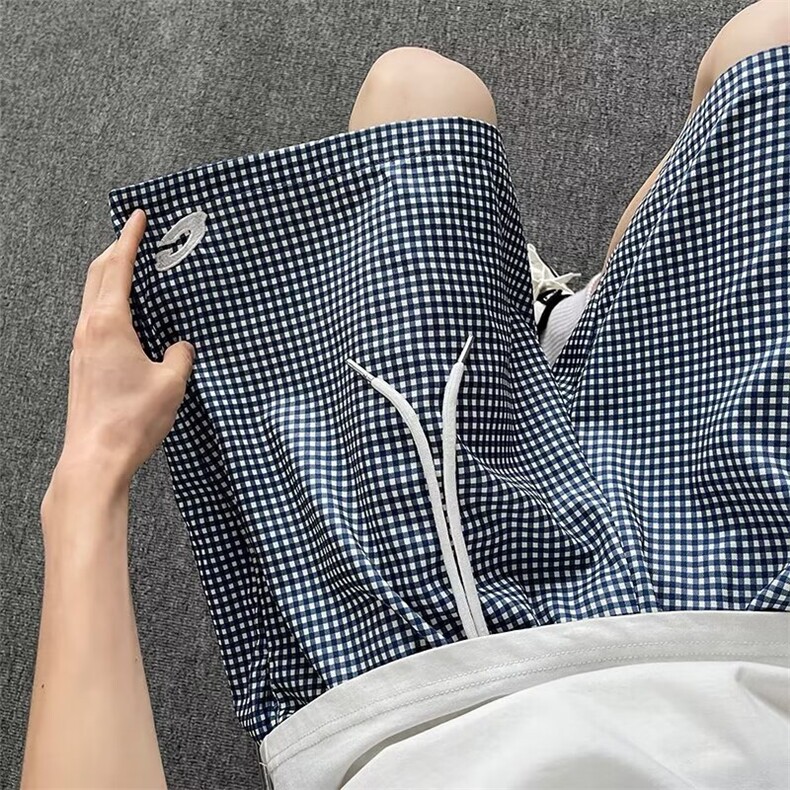 美式格子五分短裤男女夏季宽松透气速干薄款抽绳沙滩裤D04,男装牛仔裤,星座1116A-1（原606A）