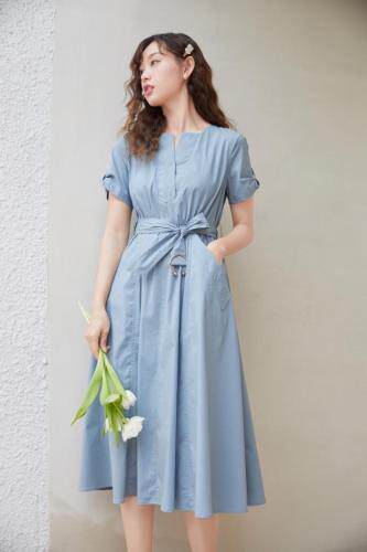 V领收腰连衣裙，女装连衣裙，慕尚依依