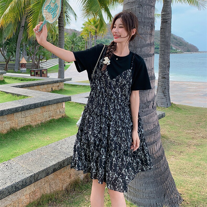 法式桔梗碎花吊带裙套装女2025夏季新款宽松显瘦T恤连衣裙两件套,女装连衣裙,2C129