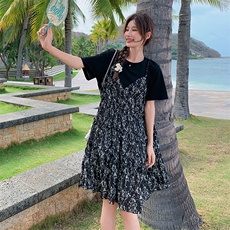 法式桔梗碎花吊带裙套装女2025夏季新款宽松显瘦T恤连衣裙两件套，女装连衣裙，2C129