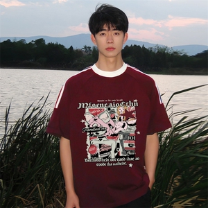 夏季美式高街重磅纯棉三条杠织带撞色男女短袖T恤ZD572-特P30图片