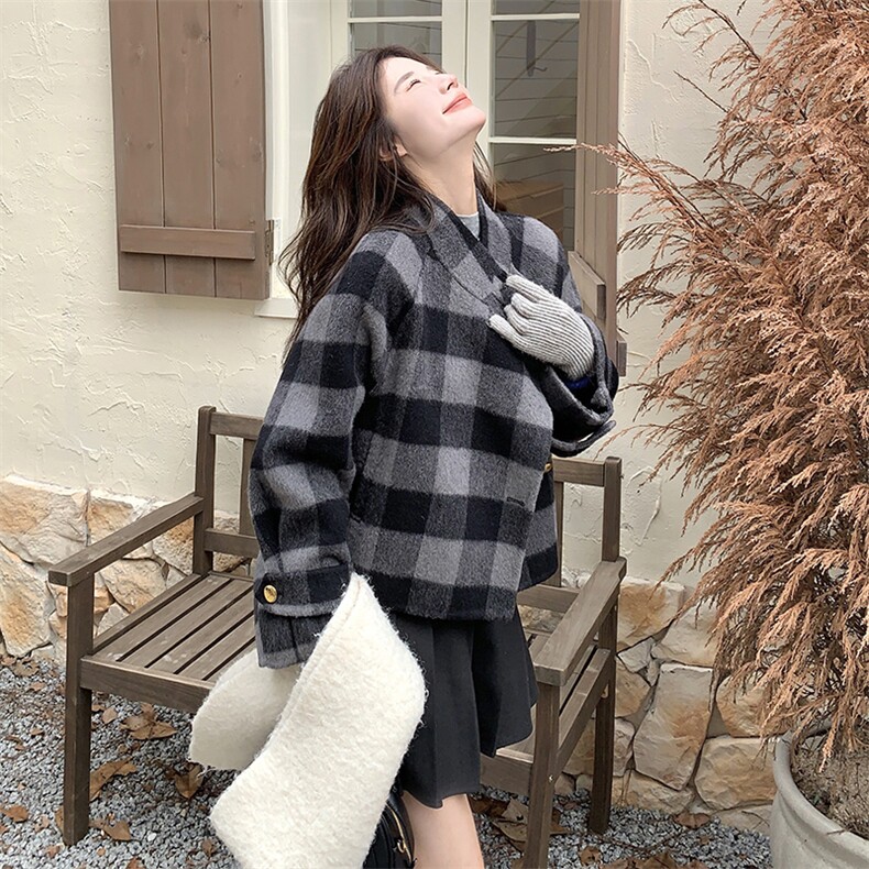 美式复古格纹双面羊绒外套女秋冬超火好看高级感加厚毛呢夹克上衣,女装双面呢大衣,千千佰惠