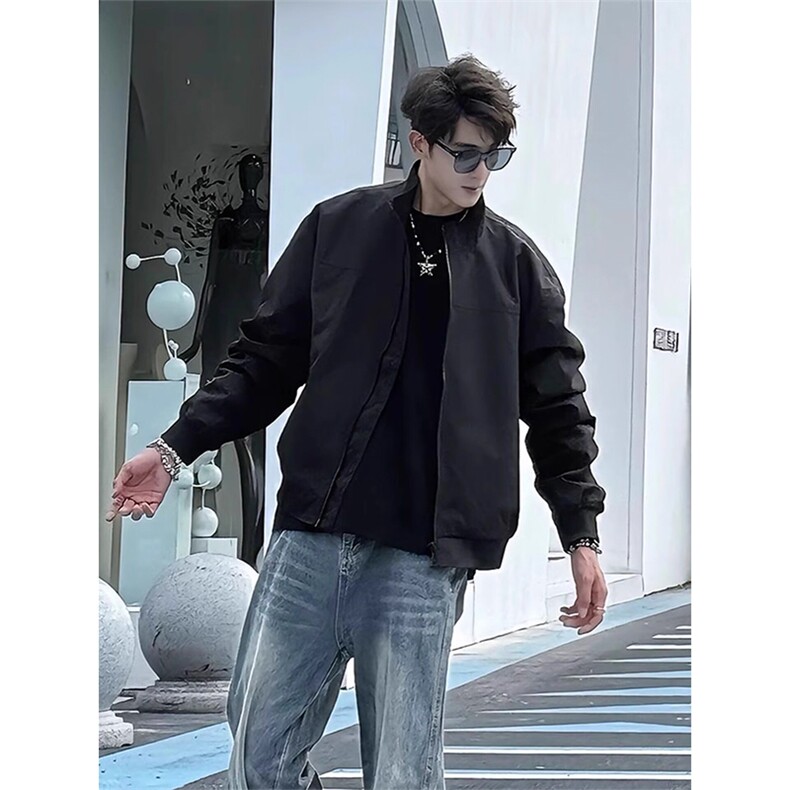 抖音得物美式潮休闲夹克春季立领纯色复古工装加厚棉服外套AMY01,男装夹克,电商A443