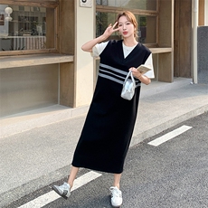 撞色拼接假两件连衣裙女2025年夏季新款宽松休闲小众独特淡人长裙，女装连衣裙，2D080