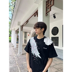 黑色立体羽翼短袖T恤男款夏季美式高街潮牌体恤纯棉重磅情侣半袖，男装T恤，星座313A(原308A-2)