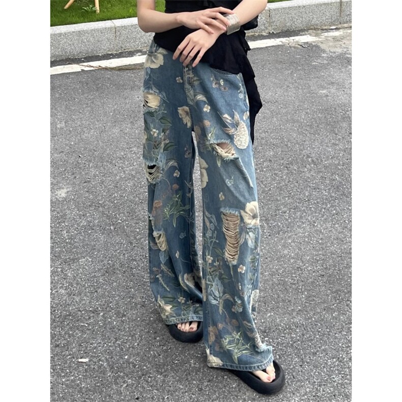 【网图】美式高街花卉印花破洞牛仔裤男女阔腿裤子A257CC-特P52,男装牛仔裤,星座1007（原301D）