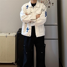 LH999-P70新款潮流情侣美式个性拼皮十字架男士牛仔外套时尚，男装工装外套，电商B323A