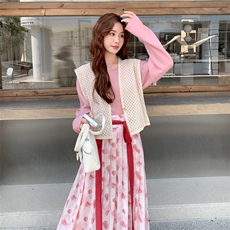 氛围感减龄镂空钩花马甲套装裙女秋2025新款衬衫印花半身裙三件套，女装套装/套裙，2C028