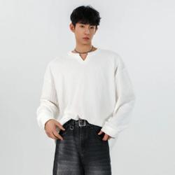 网络图现货 潮牌肌理感设计款V领T恤蛇仔布内搭打底衣JWY08-P35图片