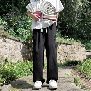 新中式亚麻冰丝裤男款夏季风潮牌设计感大码宽松阔腿直筒长裤子图片