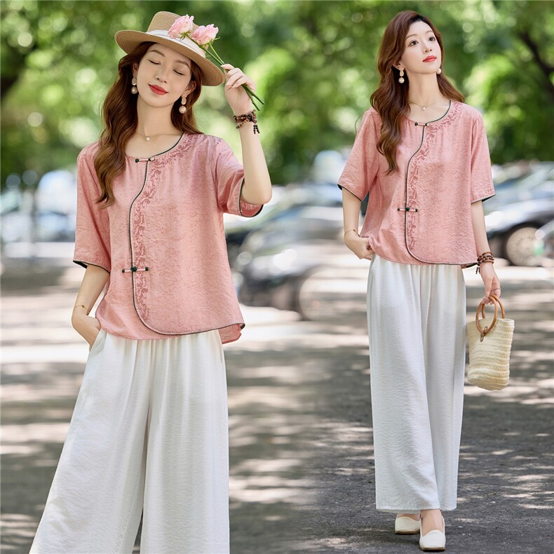 新中式国风刺绣套装女2025夏季新款时尚洋气棉麻休闲阔腿裤两件套，女装套装/套裙，魅影