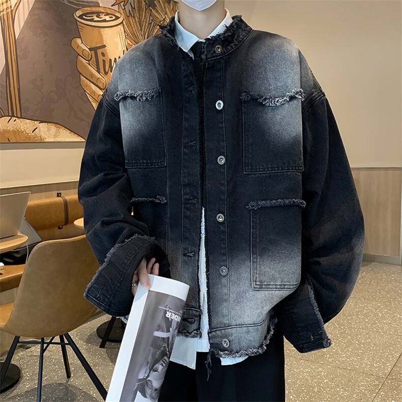 美式毛边领设计感牛仔外套休闲男春秋港风宽松水洗夹克男 JK1178图片