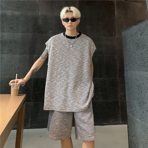 潮无袖t恤男士夏季潮牌宽松条纹背心坎肩休闲运动套装特P55图片