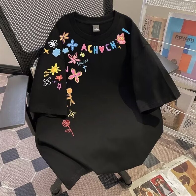 潮牌创意小众卡通涂鸦印花重磅夏高街情侣短袖上衣新款GA533P19,男装T恤,星座1013-5