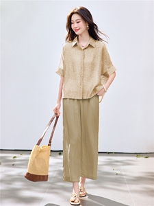 长期现货2026年夏季冰天丝时尚休闲两件套装提花衬衫休闲阔腿裤女图片