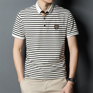 条纹短袖T恤男翻领薄款时尚POLO衫夏季中青年男士休闲棉质体恤衫图片