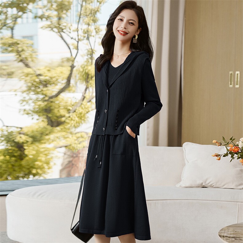 《现货》针织连帽短外套马夹连衣裙两件套,女装套装/套裙,魅丽静蓝