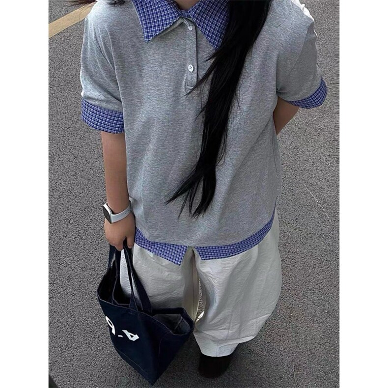 得物抖音高品质二开 夏季美式潮牌高街假两件格子衬衣翻领短袖T恤图片