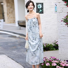 夏季新款吊带中长裙仙女优雅2024中式印花无袖连衣裙，女装连衣裙，冬木谷雨
