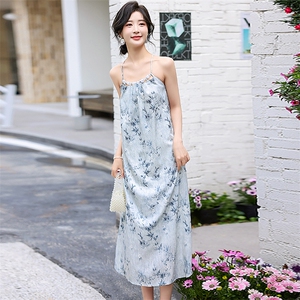 夏季新款吊带中长裙仙女优雅2024中式印花无袖连衣裙图片