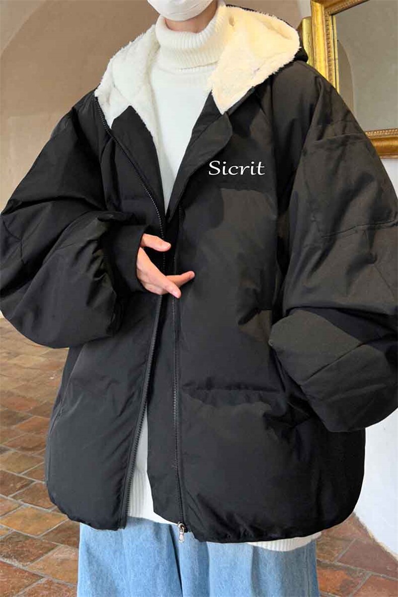 美式连帽棉服男款冬季加绒加厚羊羔毛棉衣外套潮牌大码宽松面包服,男装棉衣,电商A040