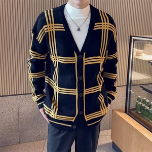 秋冬季新款男士开衫针织衫韩版潮流慵懒风外套宽松格子毛衣 MY08图片